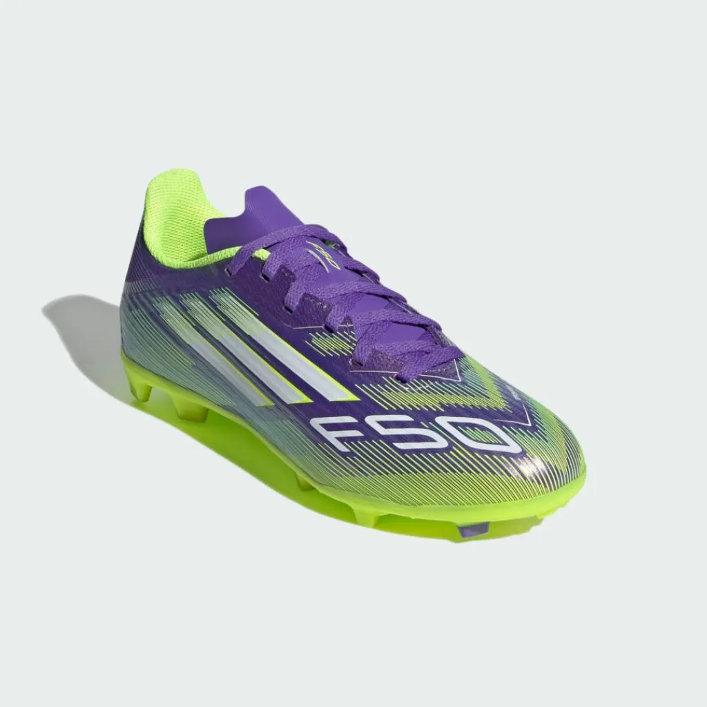 adidas Fußball|Fußballschuhe<· F50 League Kids FG/MG Fußballschuh Purple Rush / Cloud White / Lucid Lemon